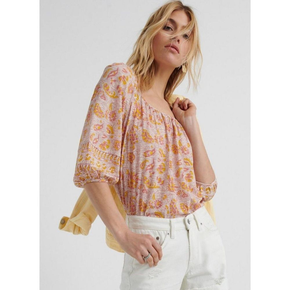 Lucky Brand Large Square Neck Printed Heritage Peasant Top Boho Womens
